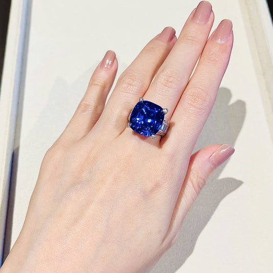 Contemporary 18KT White Gold Sapphire & Diamond Ring on finger