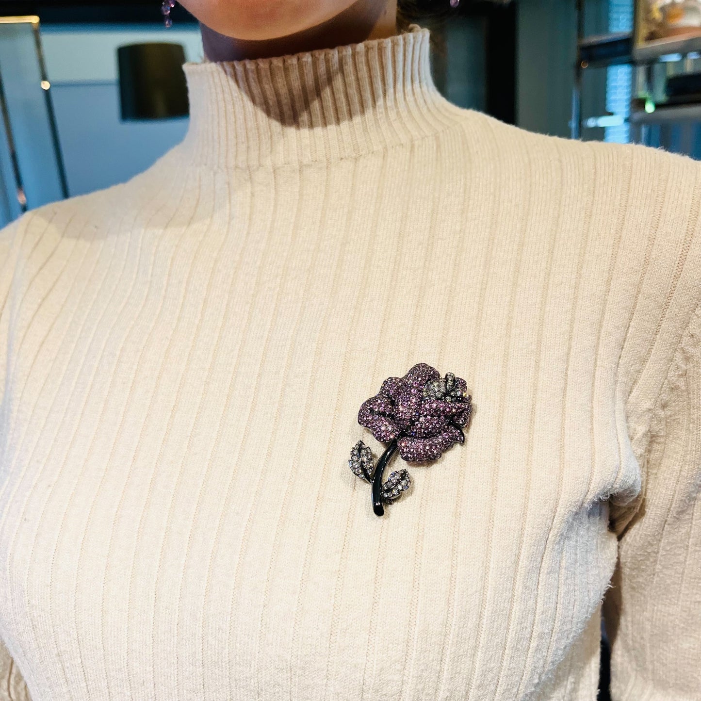 Contemporary 18KT Blackened Gold Sapphire & Diamond Rose Brooch on blouse