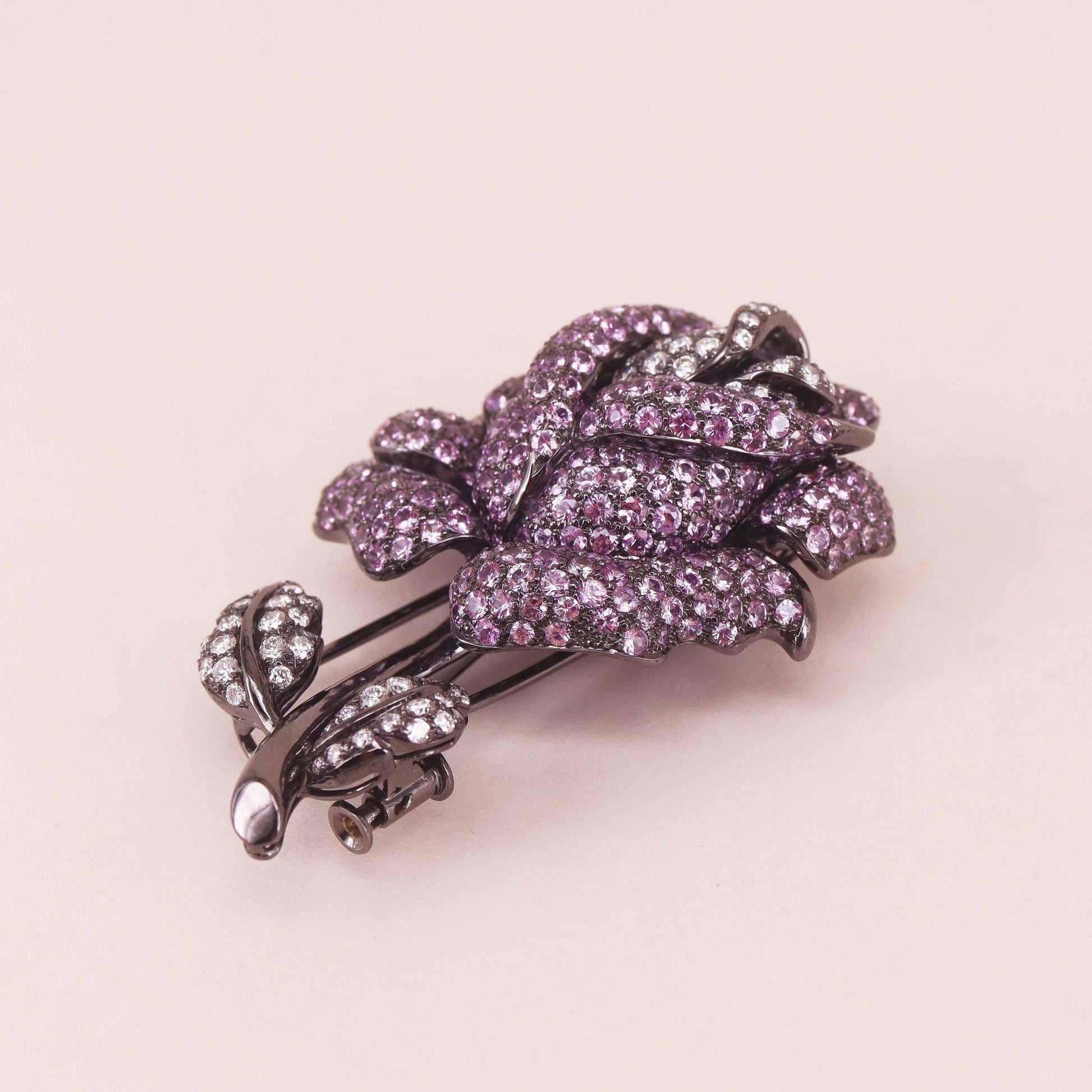 Contemporary 18KT Blackened Gold Sapphire & Diamond Rose Brooch front