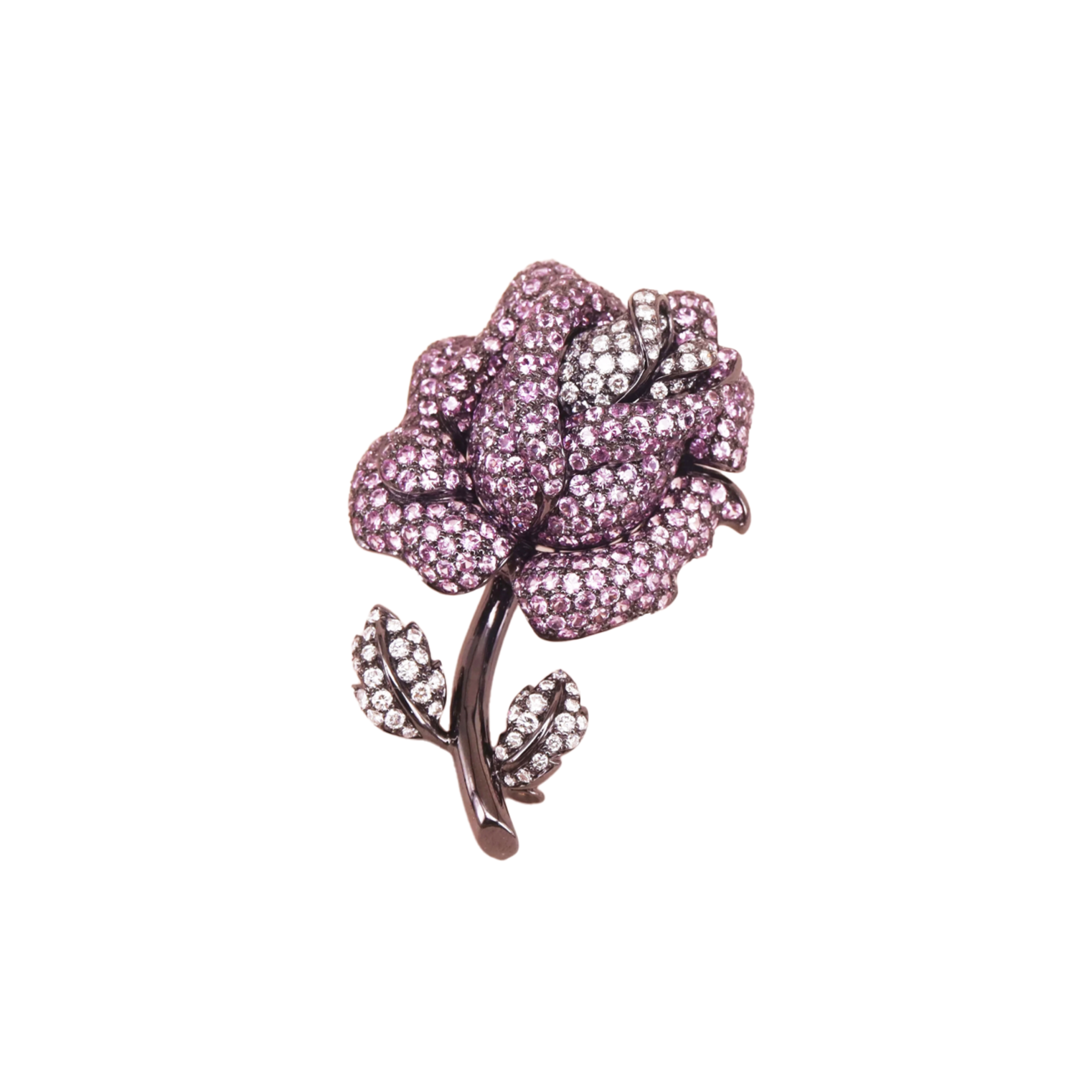 Contemporary 18KT Blackened Gold Sapphire & Diamond Rose Brooch