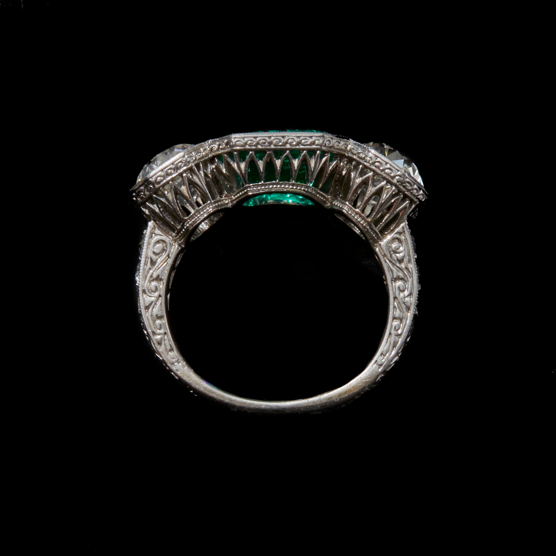 Antique Platinum Emerald & Diamond Ring profile