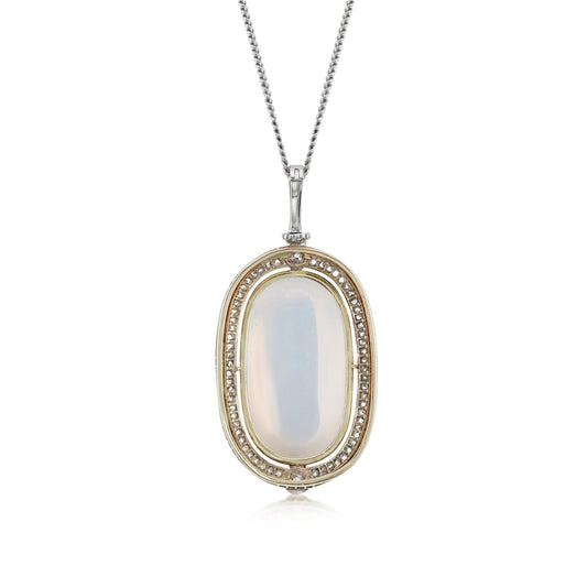 Victorian Silver & 18KT Yellow Gold Moonstone, Diamond & Natural Pearl Necklace back