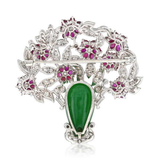 1930s Platinum Jade, Diamond & Ruby Flower Brooch back