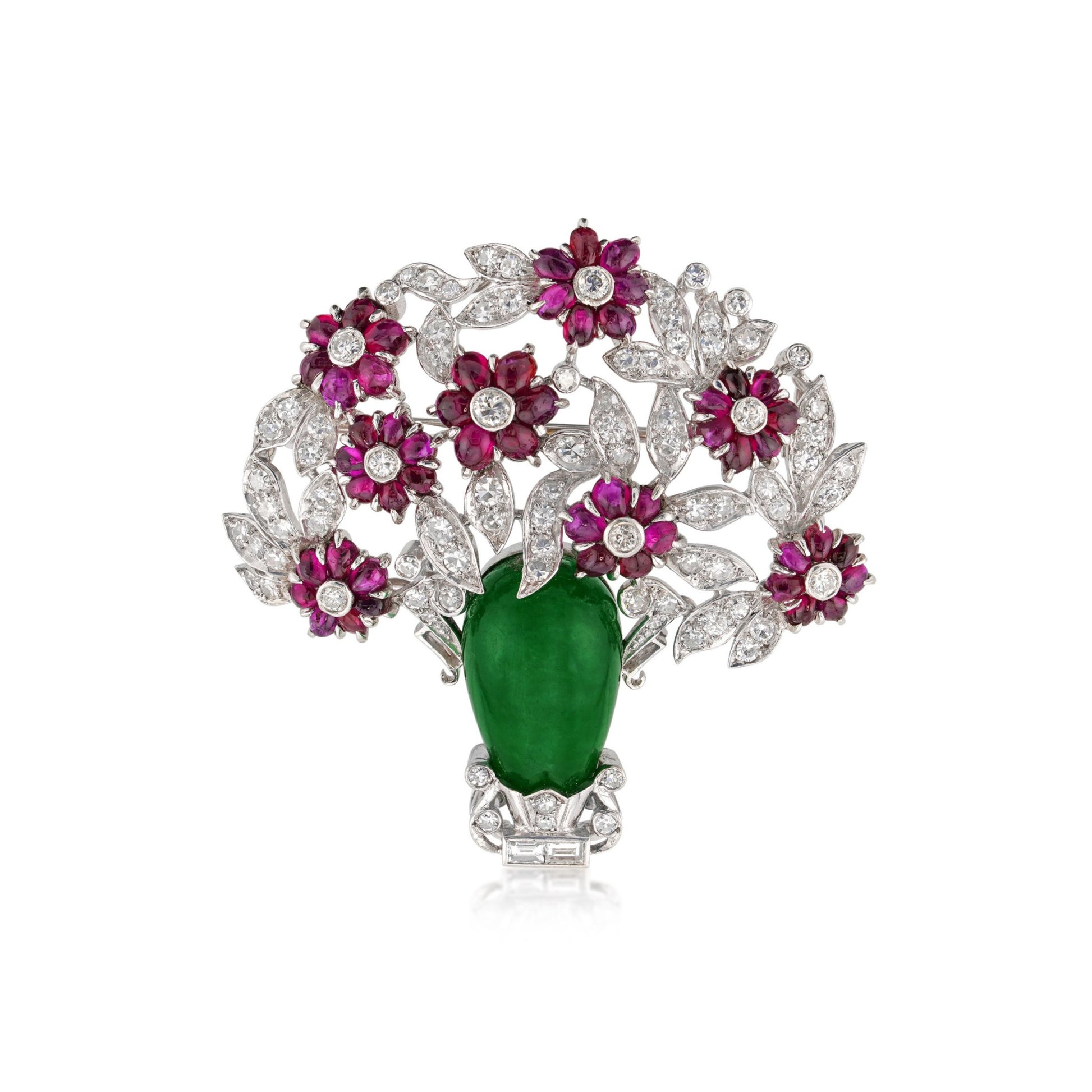 1930s Platinum Jade, Diamond & Ruby Flower Brooch front