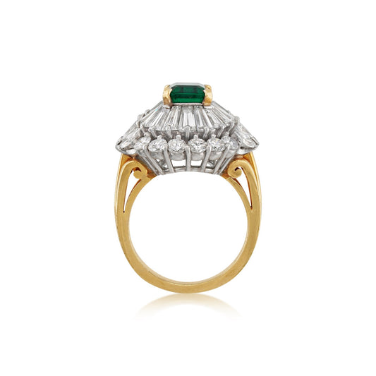 1950s Platinum & 18KT Yellow Gold Emerald & Diamond Ring profile