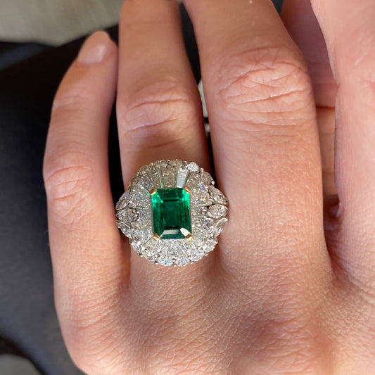 1950s Platinum & 18KT Yellow Gold Emerald & Diamond Ring on hand