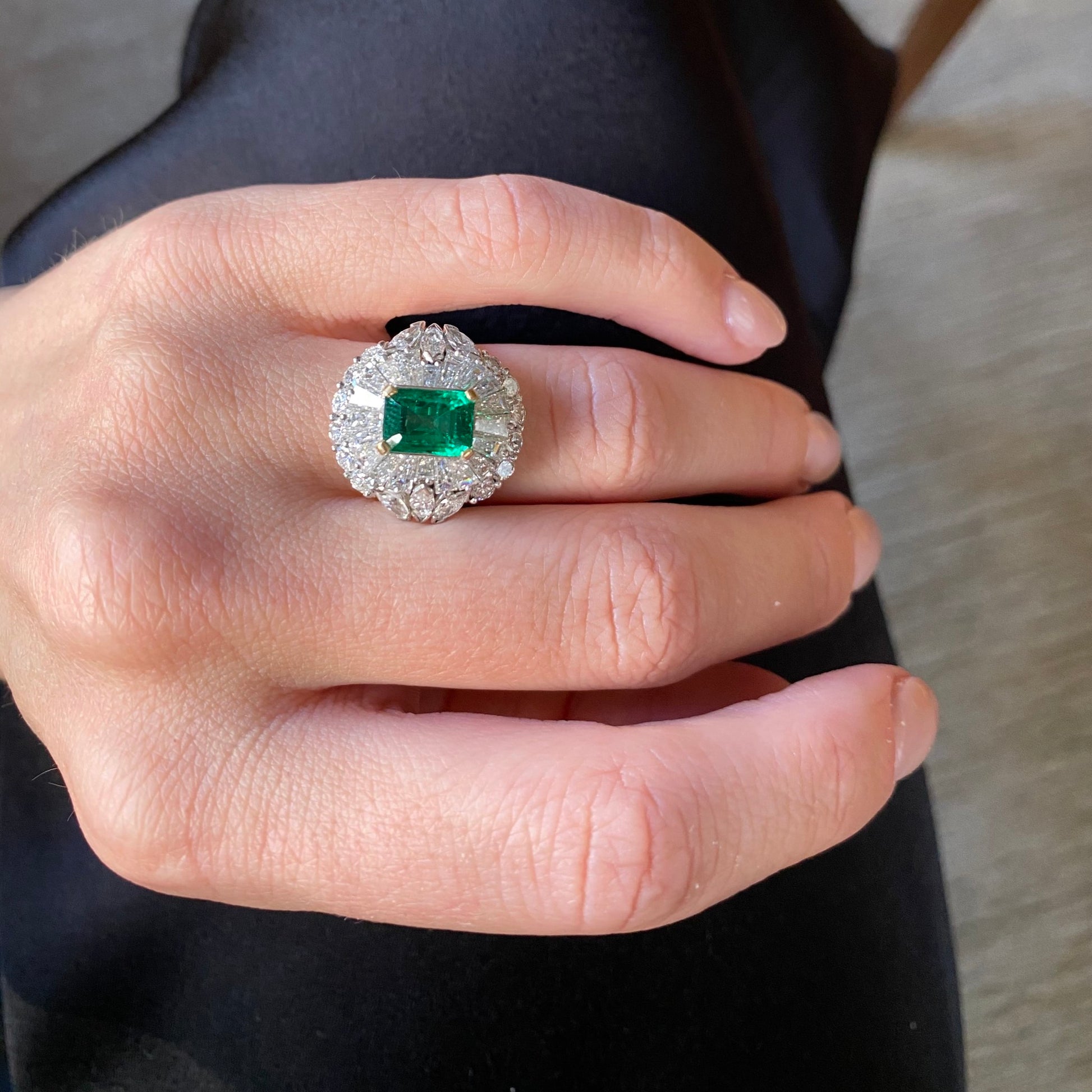 1950s Platinum & 18KT Yellow Gold Emerald & Diamond Ring on hand