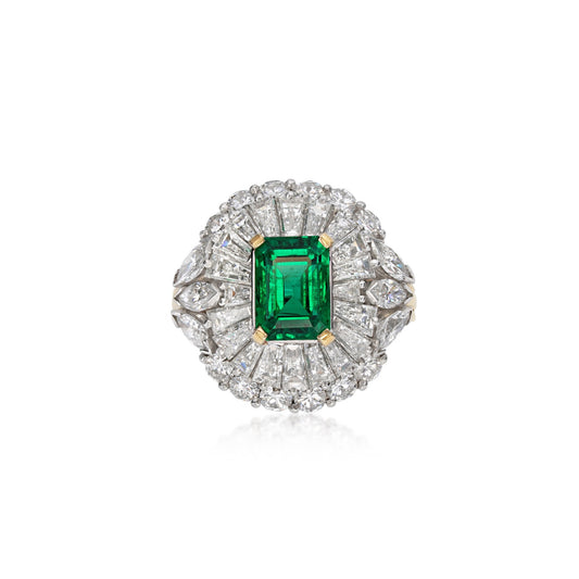 1950s Platinum & 18KT Yellow Gold Emerald & Diamond Ring front