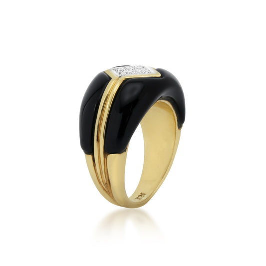 Charles Tori 1980s 18KT Yellow Gold Diamond & Onyx Ring side