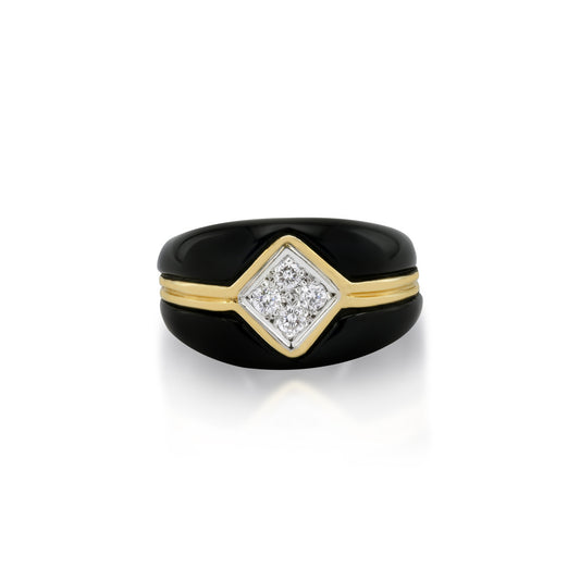 Charles Tori 1980s 18KT Yellow Gold Diamond & Onyx Ring front