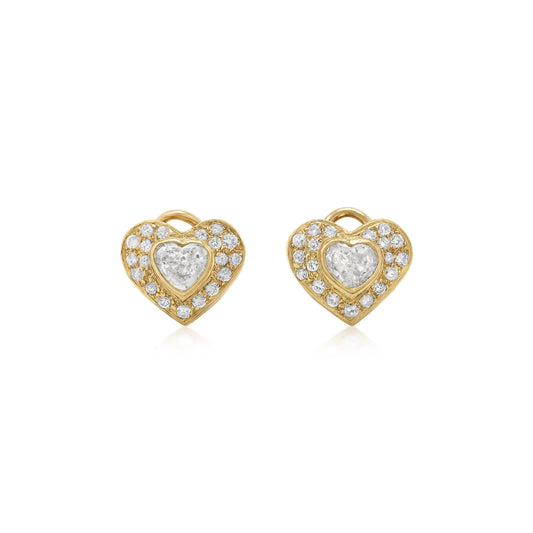 1970s 18KT Yellow Gold Diamond Heart Earrings front