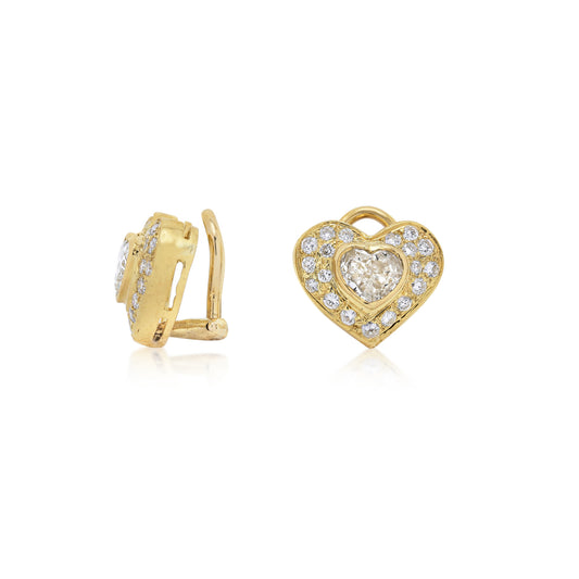 1970s 18KT Yellow Gold Diamond Heart Earrings side