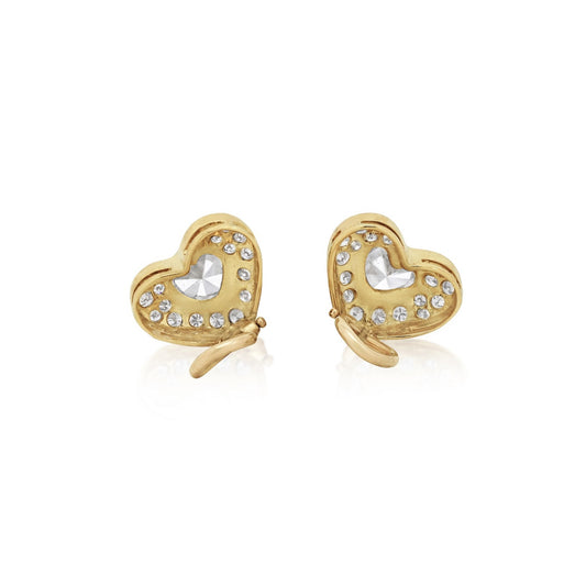 1970s 18KT Yellow Gold Diamond Heart Earrings back