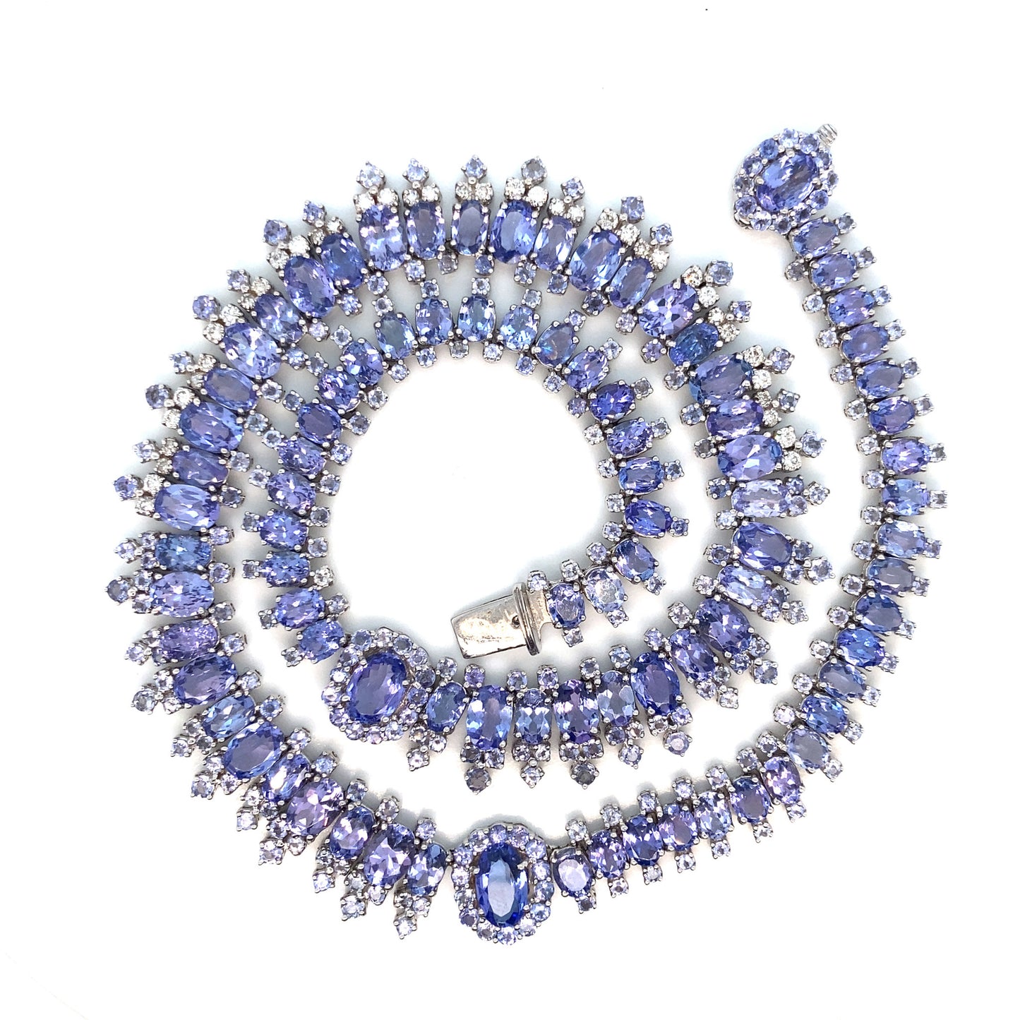 1970s 18KT White Gold Tanzanite & Diamond Necklace front