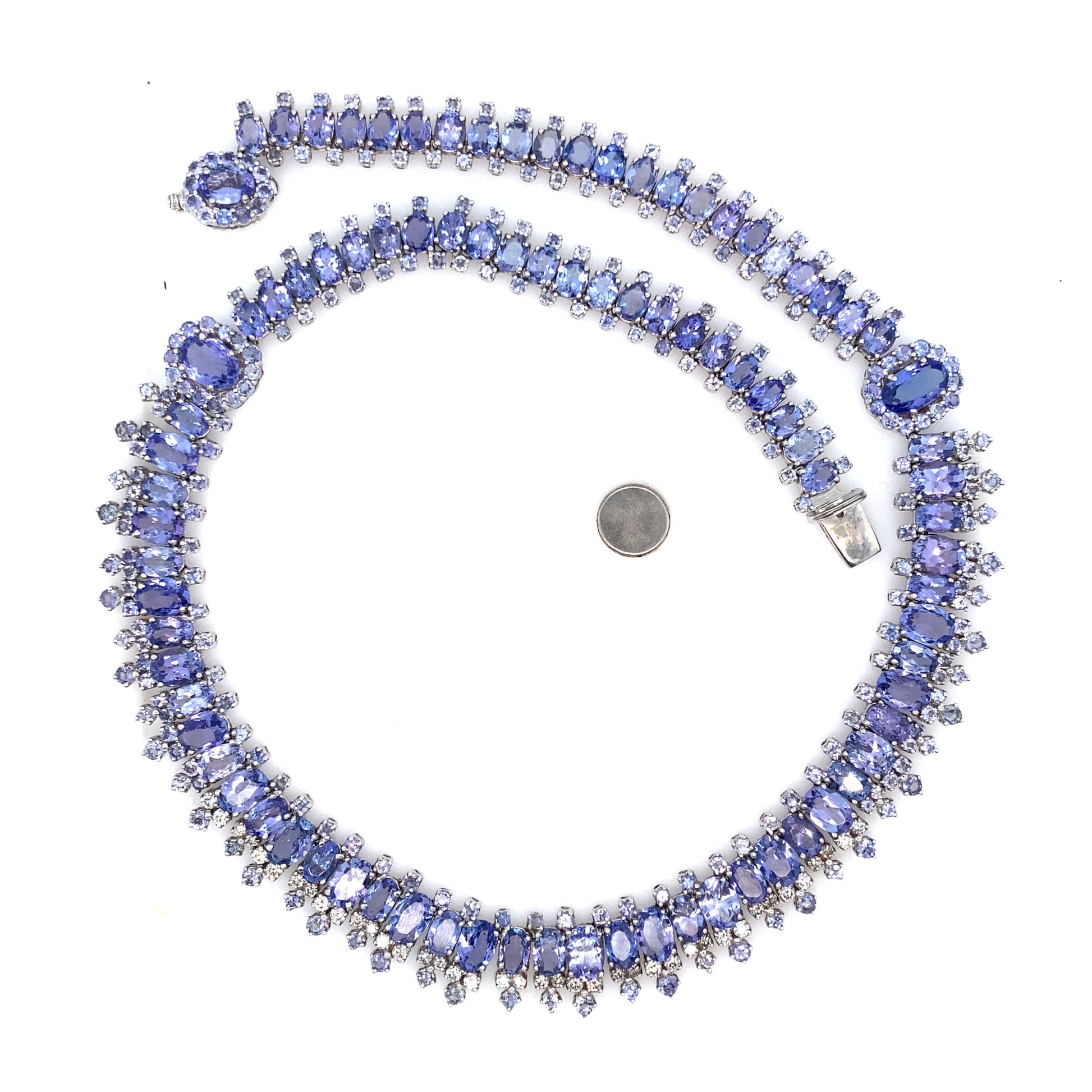 1970s 18KT White Gold Tanzanite & Diamond Necklace front