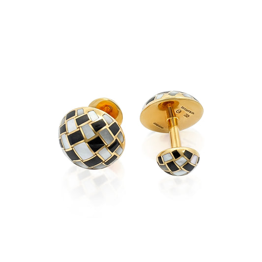 Tiffany & Co. Hong Kong Post-1980s 18KT Yellow Gold Onyx & Mother of Pearl Cufflinks front and back
