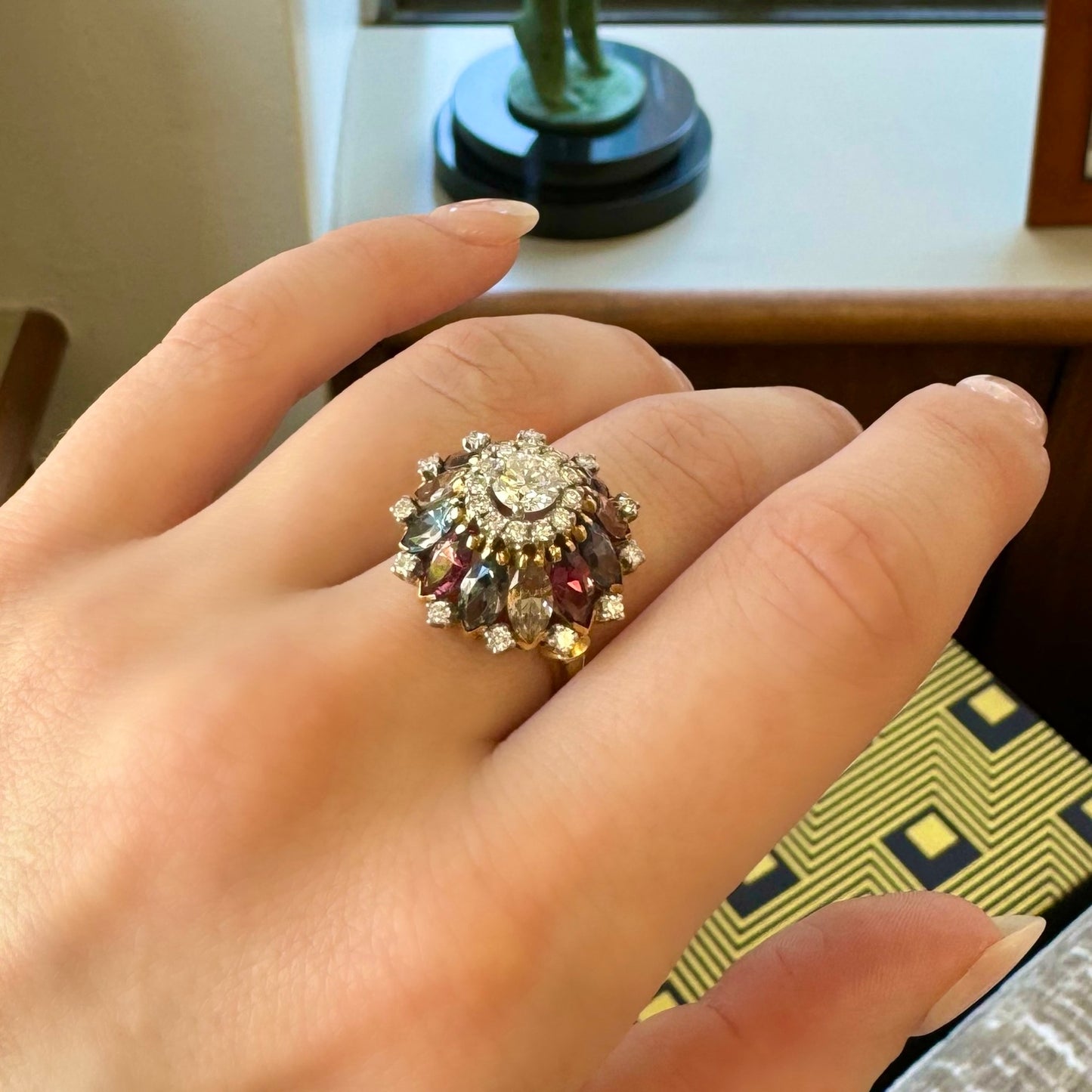 1960s Platinum & 18KT Yellow Gold Diamond & Tourmaline Ring on hand