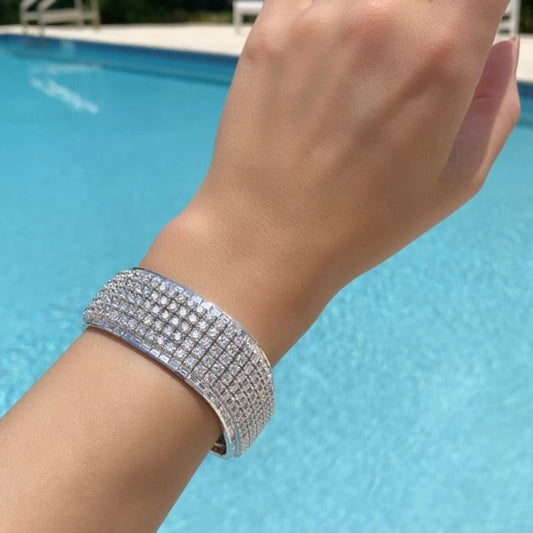 1980s 18KT White Gold Diamond Bracelet on wrist