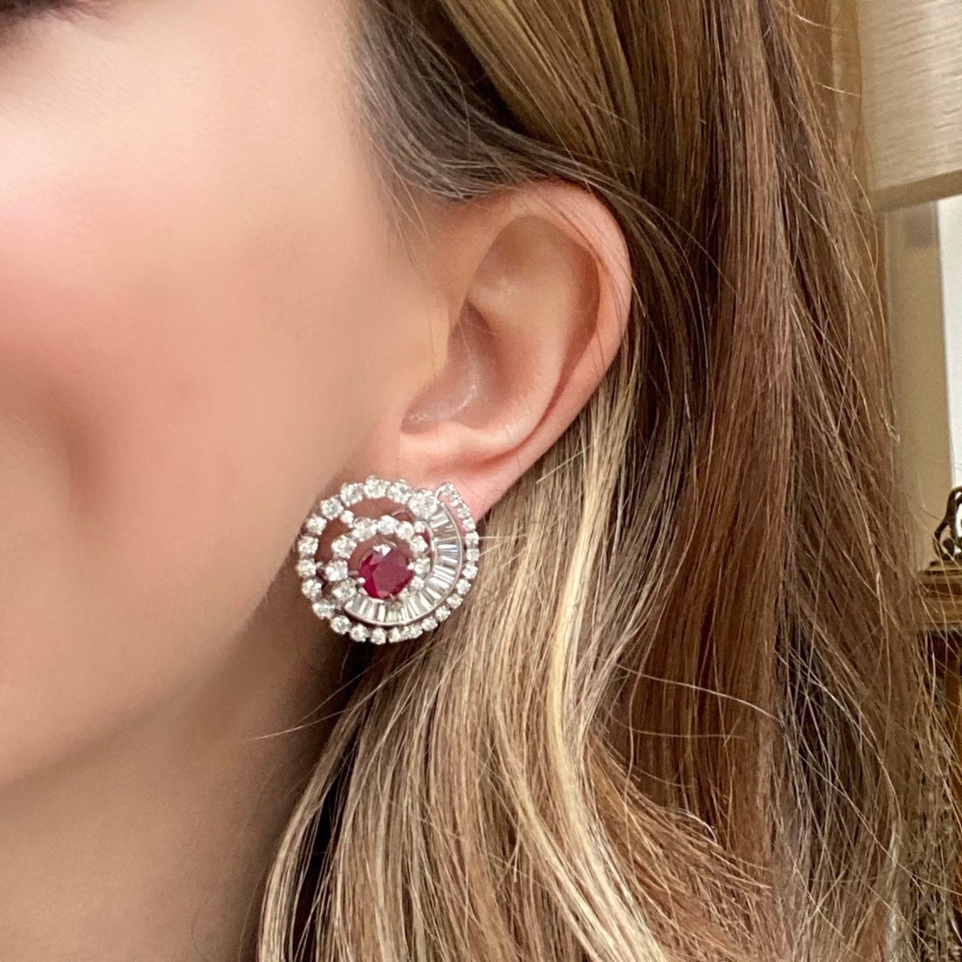 1950s Platinum Ruby & Diamond Earrings on ear