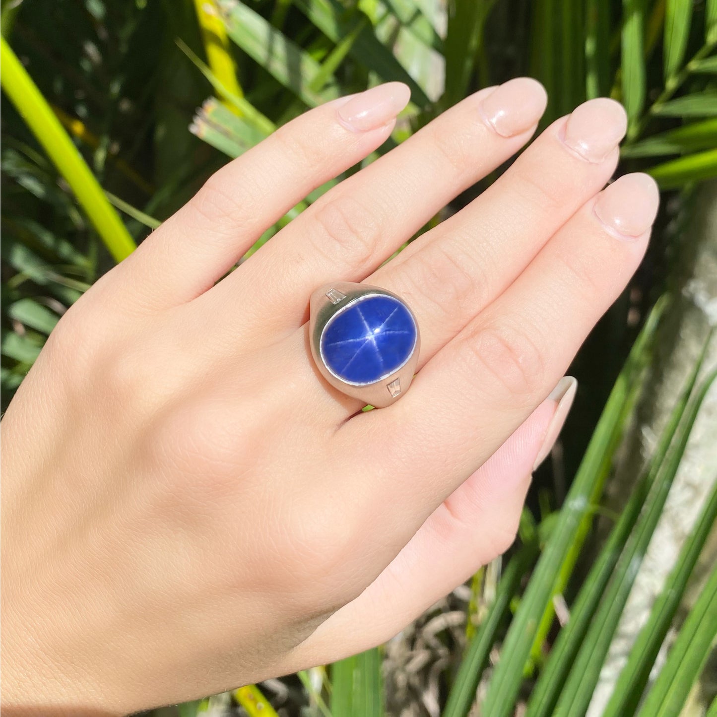 1950s Platinum Sapphire & Diamond Ring on hand