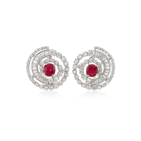 1950s Platinum Ruby & Diamond Earrings front