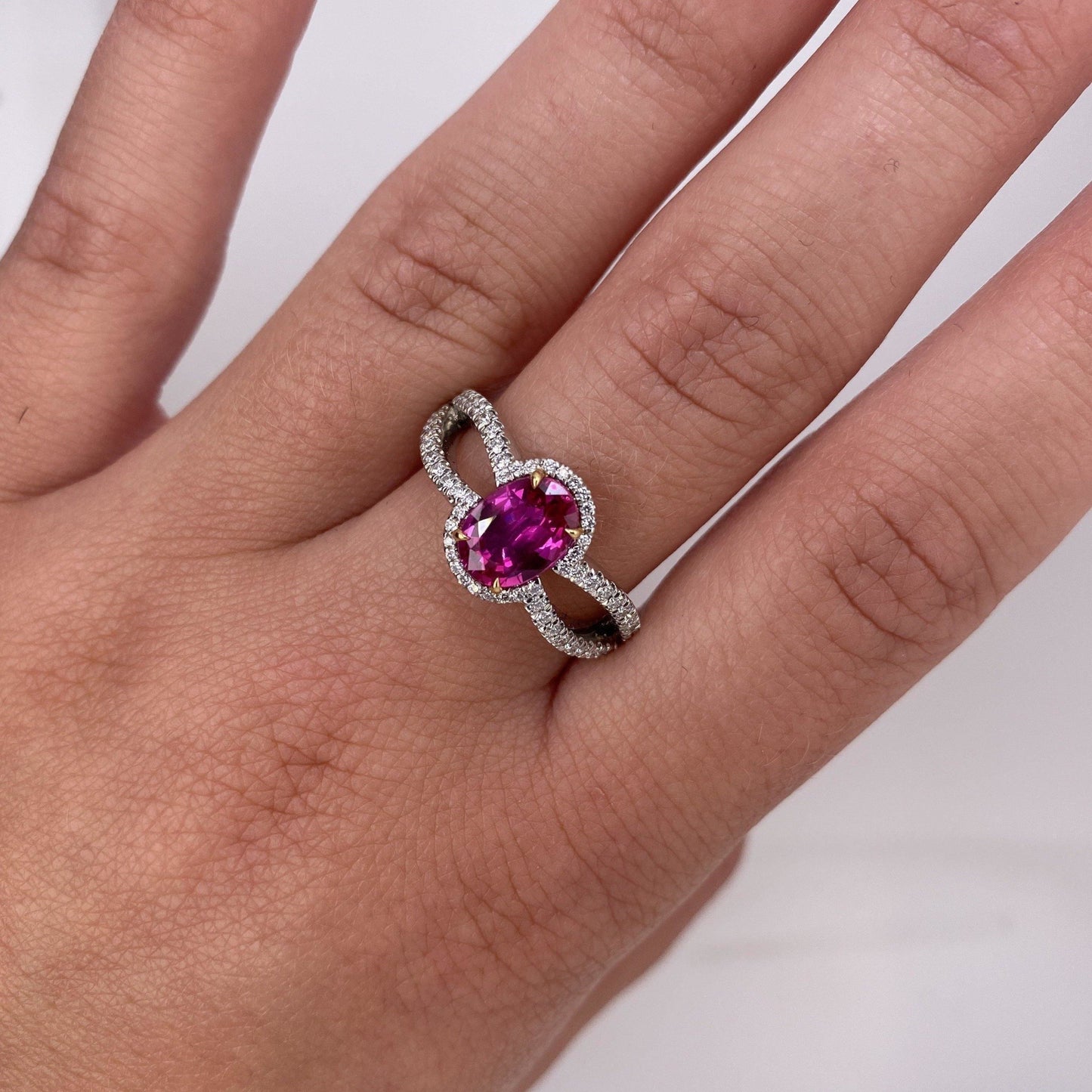 Contemporary Platinum & 18KT Yellow Gold Ruby & Diamond Ring on hand