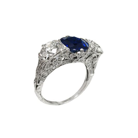 Art Deco Platinum Sapphire & Diamond Ring side angle view