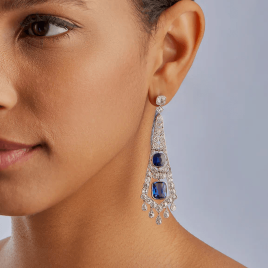 French Art Deco Platinum Sapphire & Diamond Earrings on ear