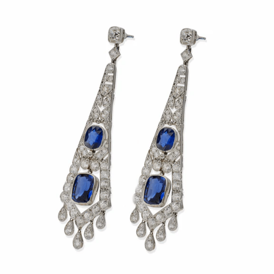 French Art Deco Platinum Sapphire & Diamond Earrings side