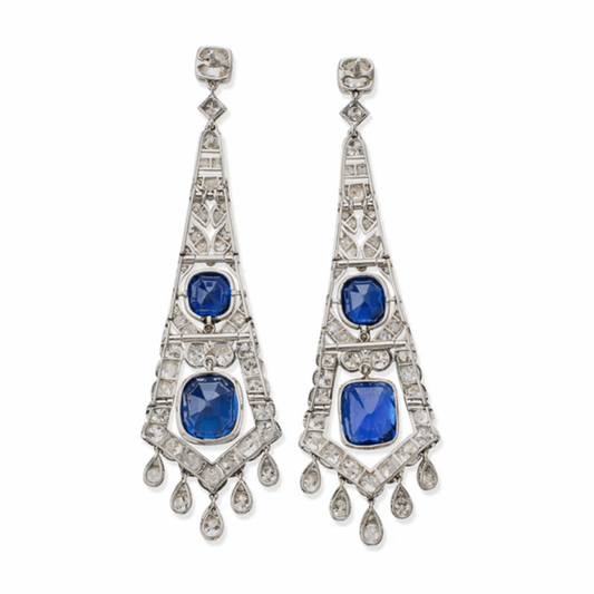 French Art Deco Platinum Sapphire & Diamond Earrings back