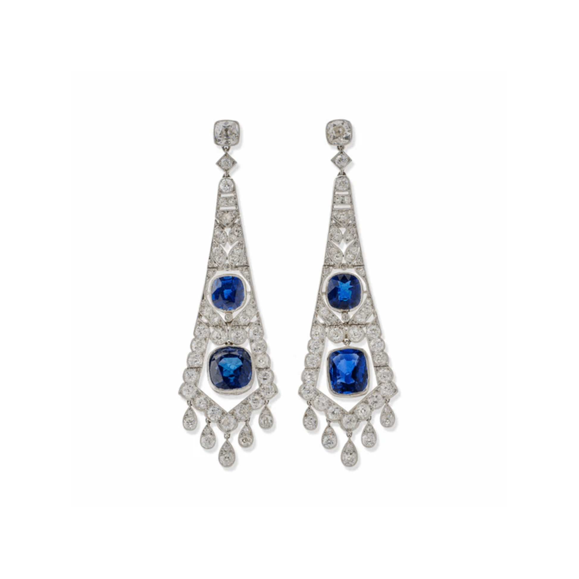 French Art Deco Platinum Sapphire & Diamond Earrings front