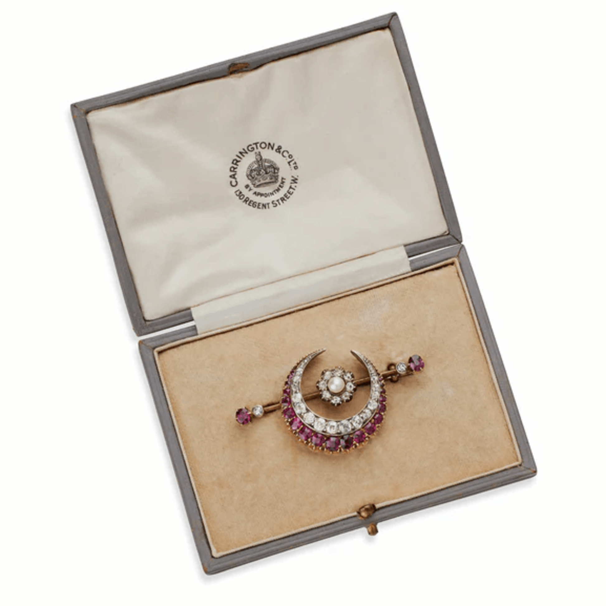 Carrington & Co. Antique Silver-Topped 18KT Yellow Gold Diamond, Pearl & Ruby Brooch in box