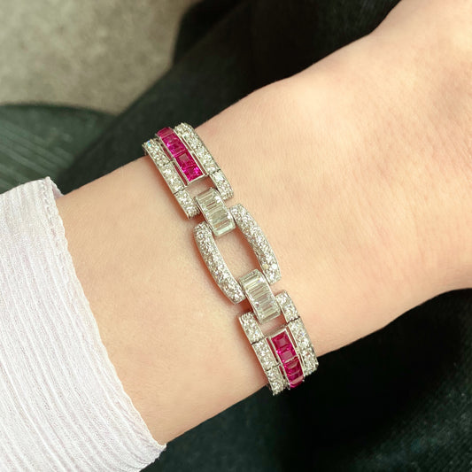 1930s Platinum Ruby & Diamond Bracelet on wrist