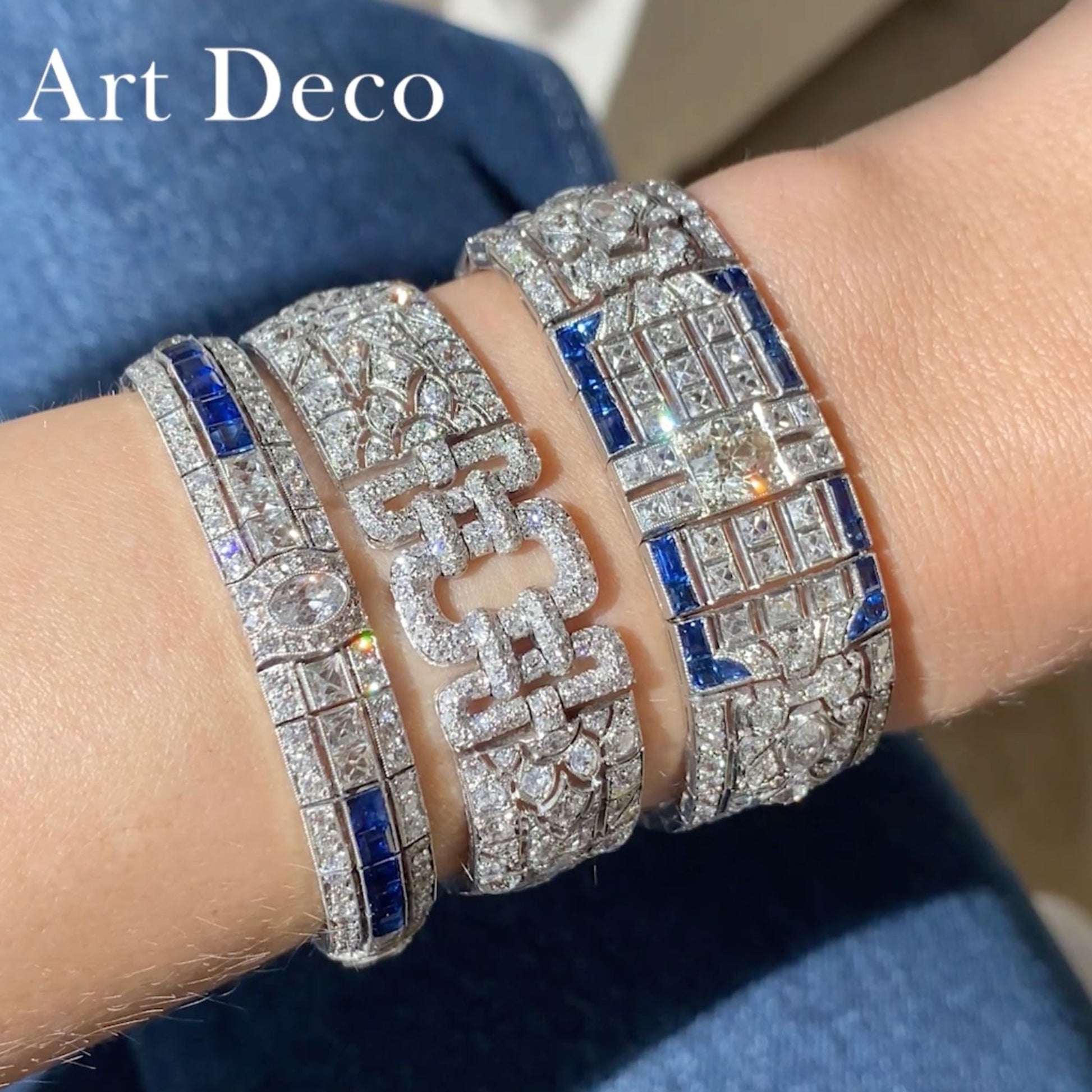 Tiffany & Co. Art Deco Platinum Sapphire & Diamond Bracelet on wrist