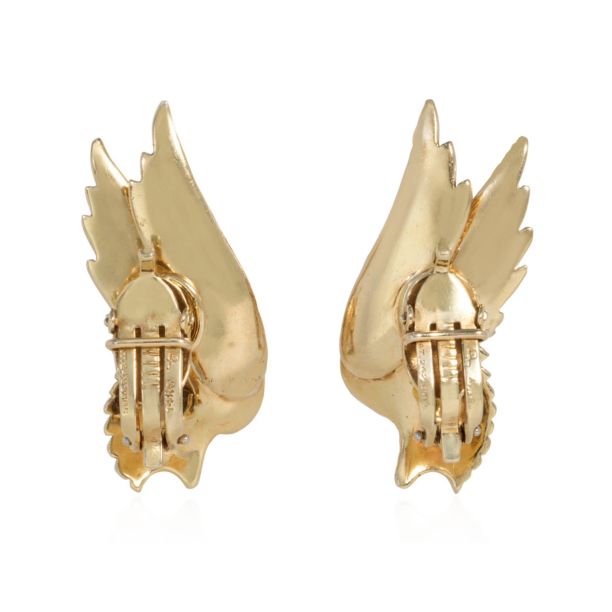 1950s 14KT Yellow Gold Angel Wing Earrings back and signature