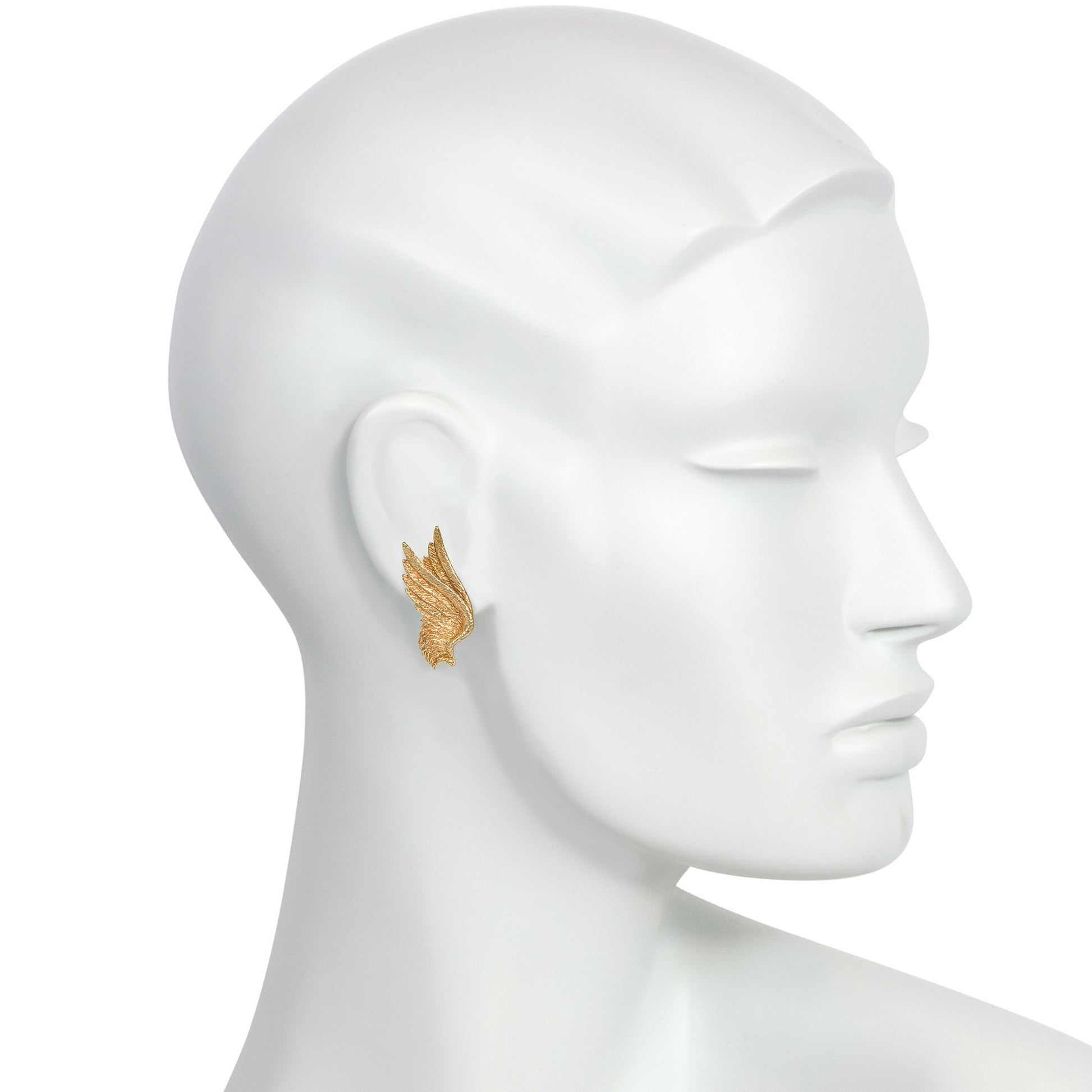 1950s 14KT Yellow Gold Angel Wing Earrings on ear