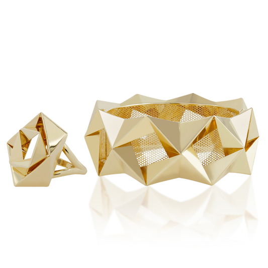1980s 18KT Yellow Gold "Origami" Bracelet & Ring Set front