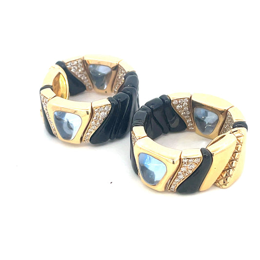 Marina B Italian 1980s 18KT Yellow Gold & Enamel Diamond & Aquamarine Earrings side