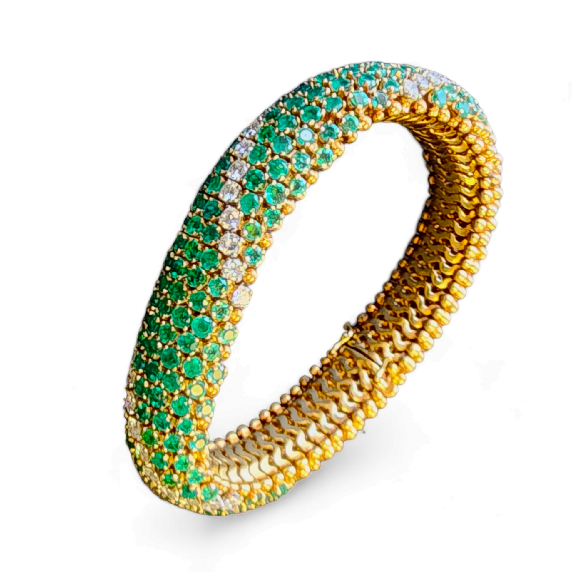 1960s 18KT Yellow Gold Emerald & Diamond Cous-Cous Bracelet side