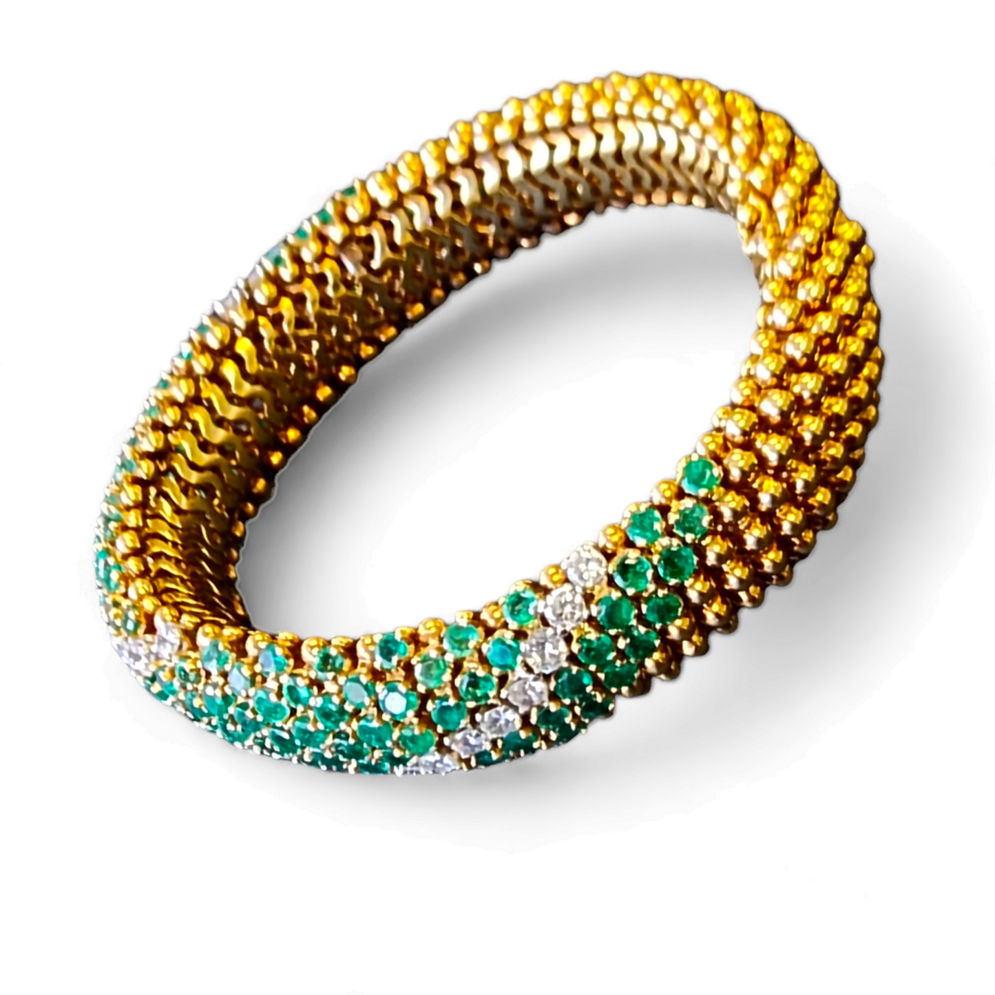 1960s 18KT Yellow Gold Emerald & Diamond Cous-Cous Bracelet front