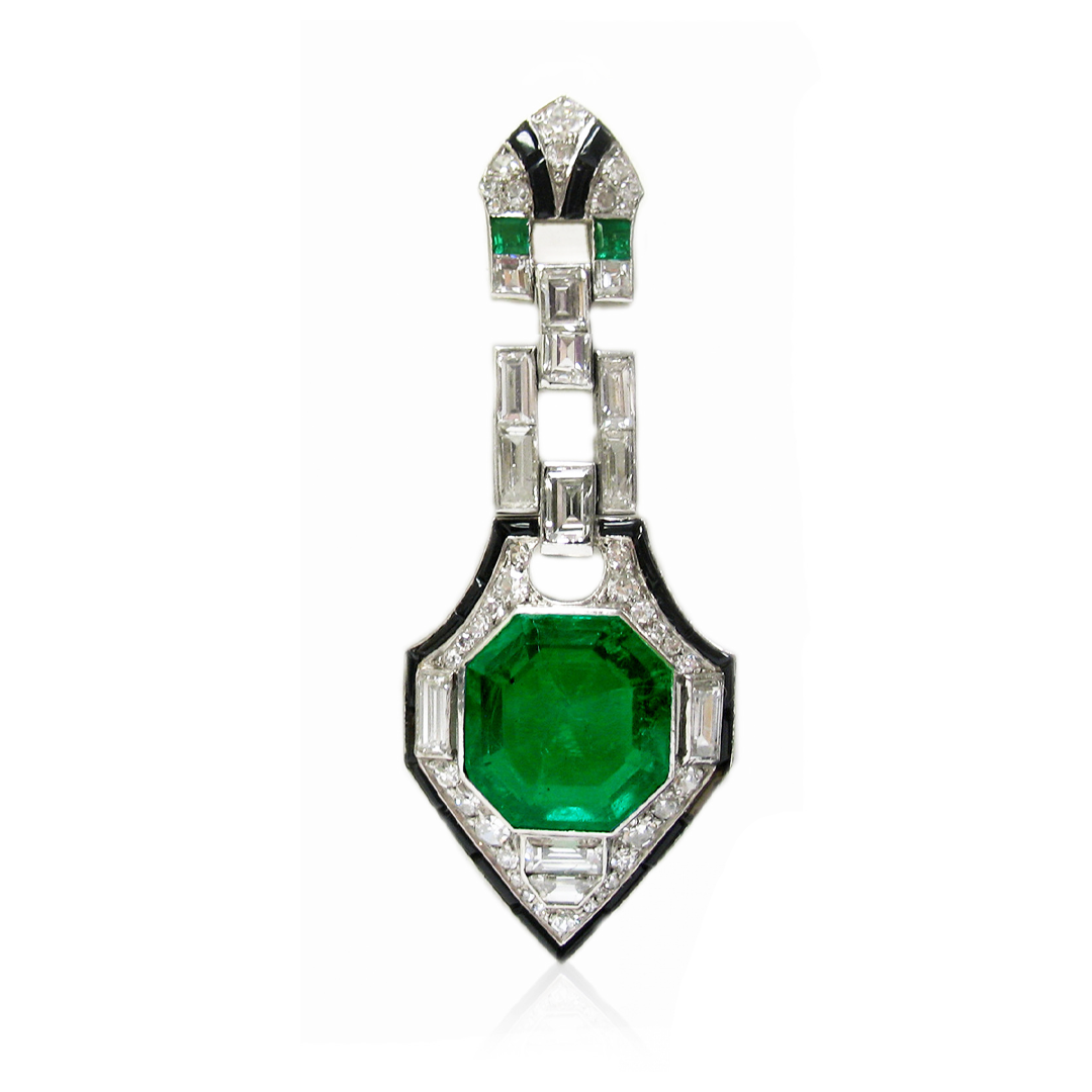 Art Deco Platinum Emerald, Diamond & Enamel Earrings front