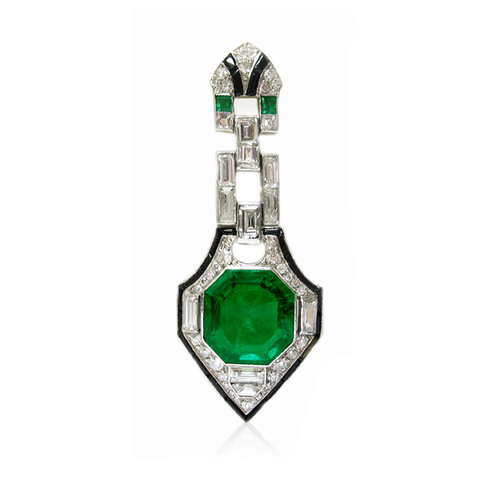 Art Deco Platinum Emerald, Diamond & Enamel Earrings front