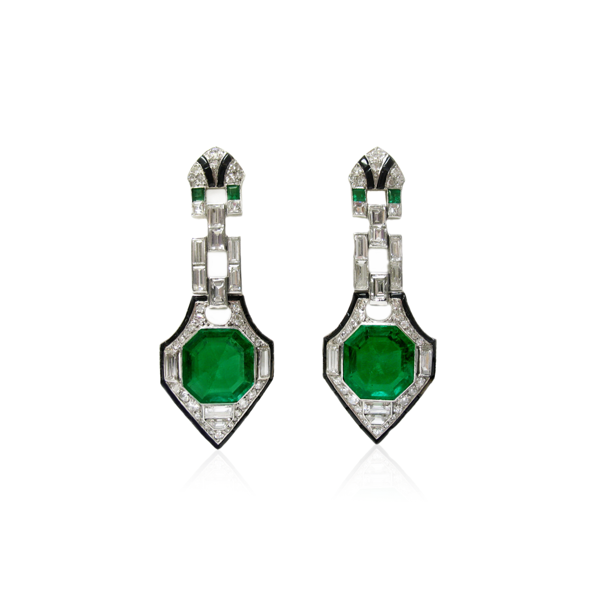 Art Deco Platinum Emerald, Diamond & Enamel Earrings front