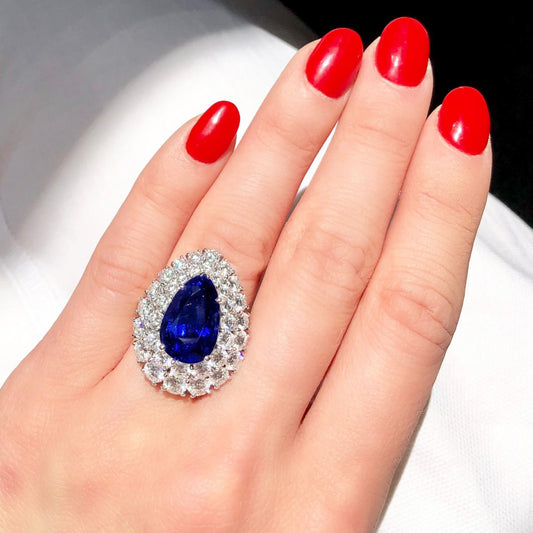 Van Cleef & Arpels Post-1980s Platinum Sapphire & Diamond Ring on finger