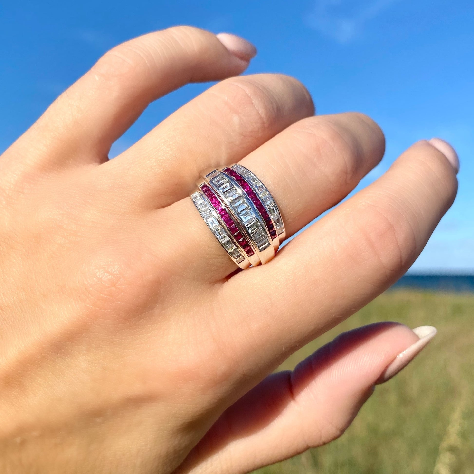 1950s Platinum Diamond & Ruby Ring on finger