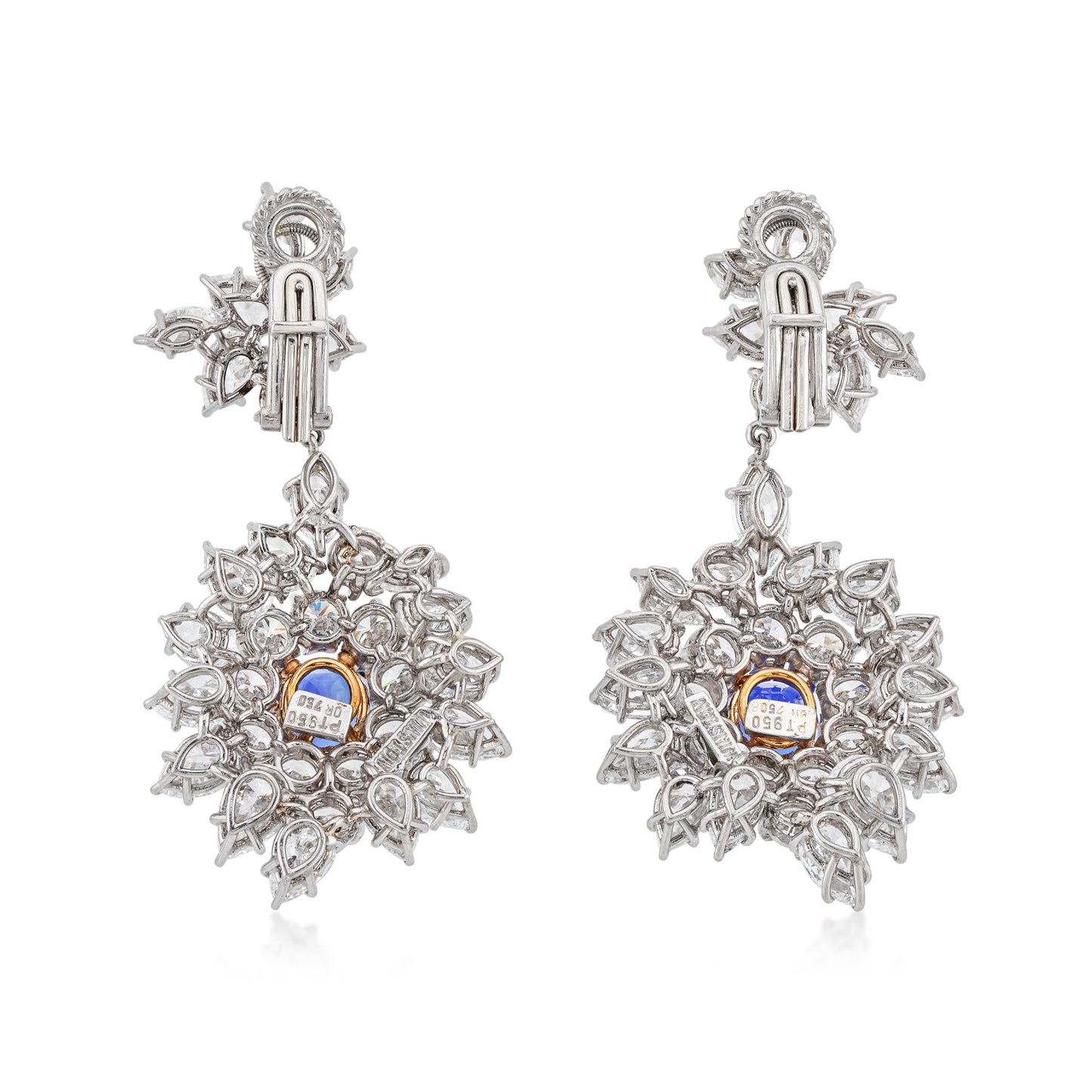 Harry Winston 1960s Platinum & 18KT Yellow Gold Sapphire & Diamond Earrings back and signature