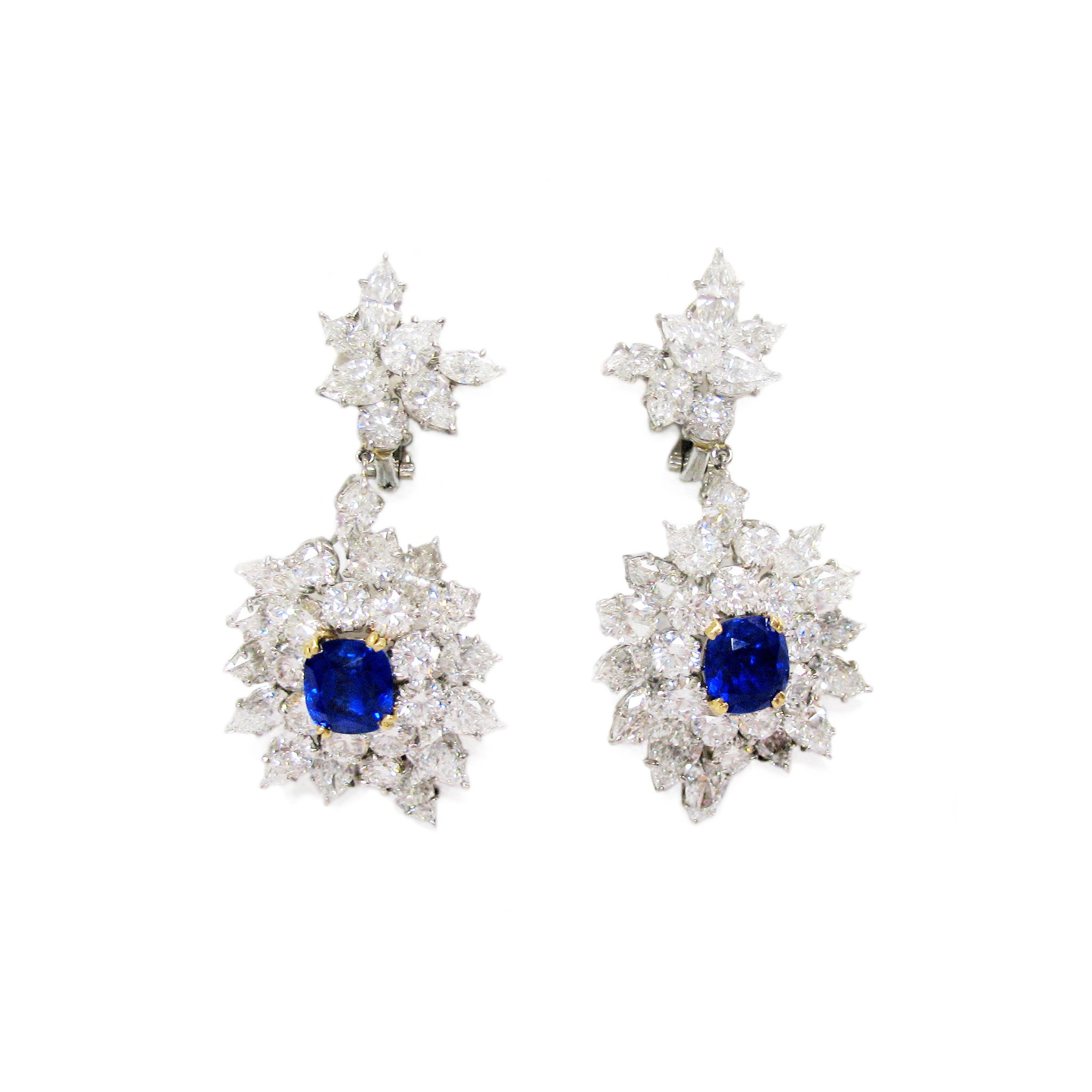 Harry Winston 1960s Platinum & 18KT Yellow Gold Sapphire & Diamond Earrings front