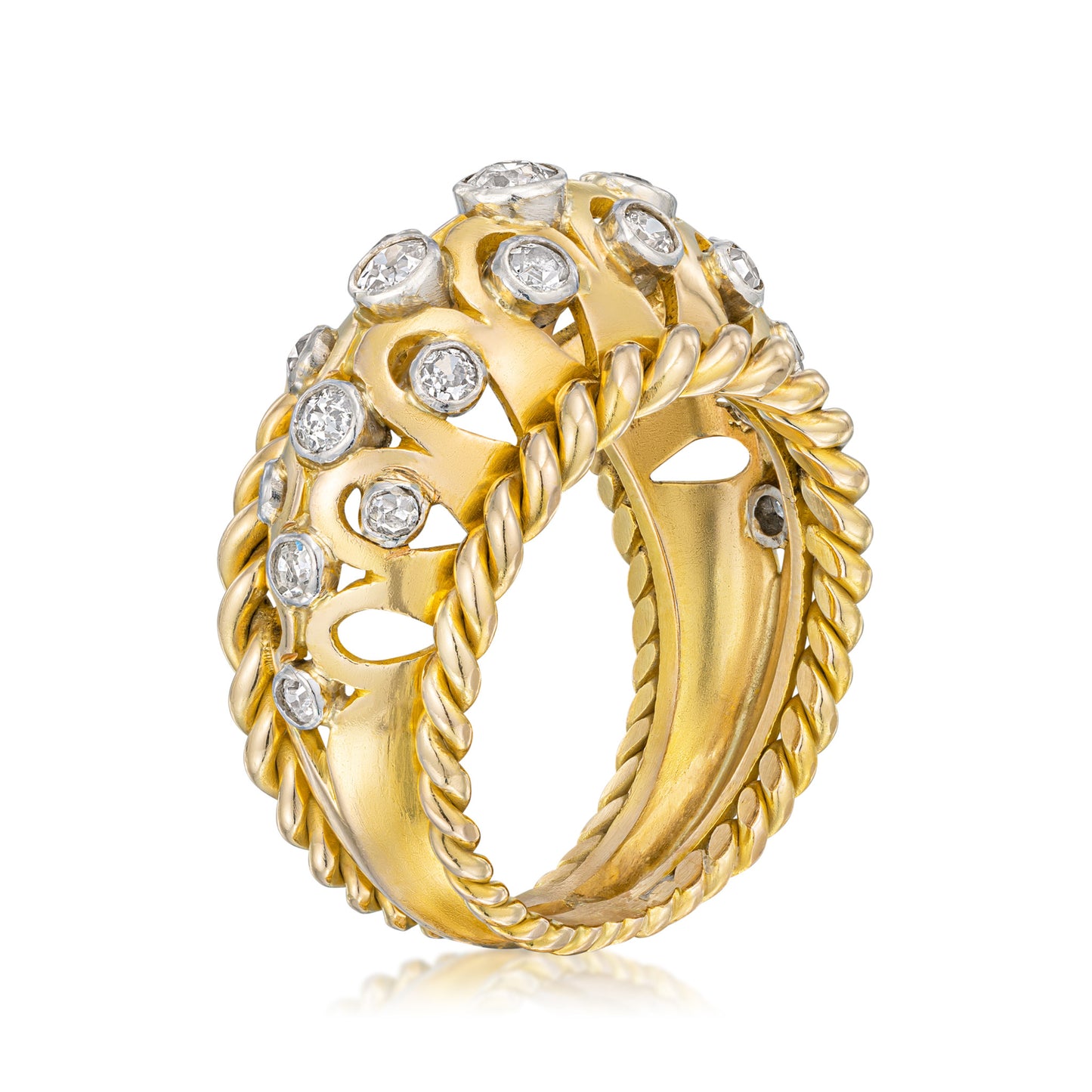 French 1950s 18KT Yellow Gold Diamond Bombé Ring side