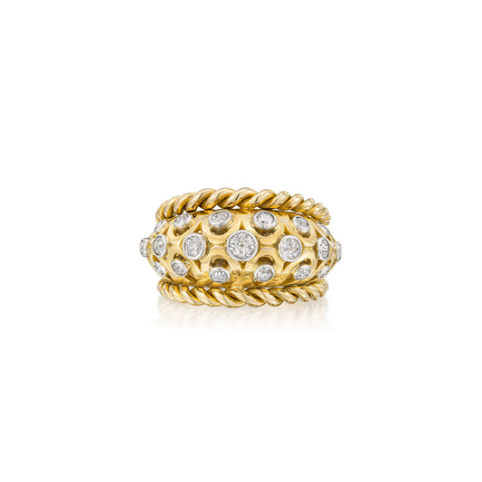 French 1950s 18KT Yellow Gold Diamond Bombé Ring front
