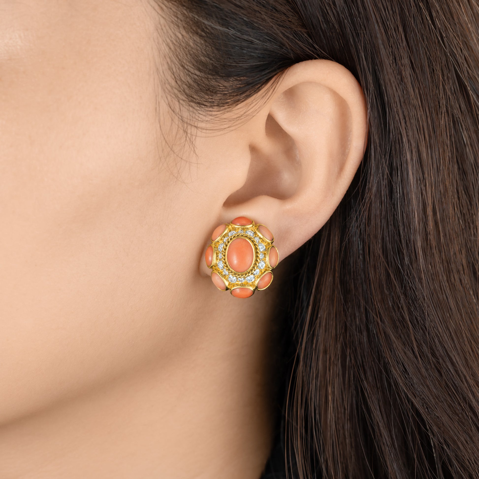 Bulgari 1970s 18KT Yellow Gold Coral & Diamond Earrings on ear